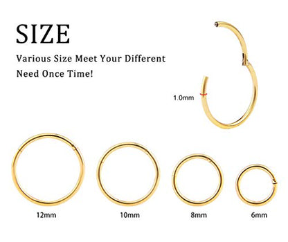 4Pcs 16G 18G 20G Surgical-Steel-Piercing-Ring-Nose-Rings-Hinged-Hoop-Earrings,6mm 8mm 10mm 12mm Seamless Stainless Steel Clicker Eyebrow Septum Piercing Hoop,Sliver Black Gold Rose Gold Rainbow Body Jewelry Set - color: 18G Gold