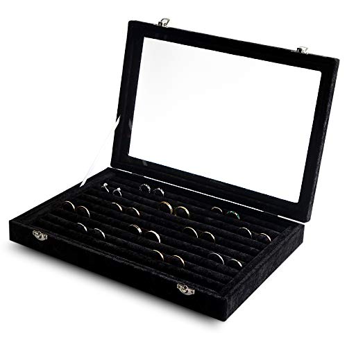 Frebeauty 10 Slots Ring Organizer Tray,Velvet Ring Box with Clear Lid | Velvet Lining,Fits Various Rings and Stud,Glass Lid,Dustproof Design,for Personal Use and Jewelry Display,for Women Girls - color: Black, size: 10 Slots
