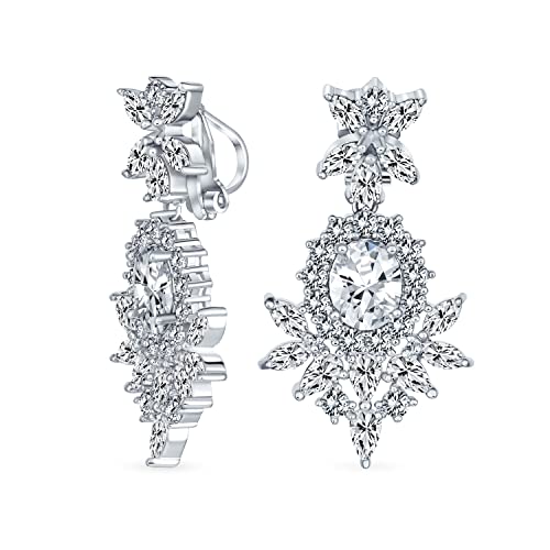 Cocktail Leaf Motif Multi Color CZ Chandelier Clip-On Earrings Silver Plate - color: Clear