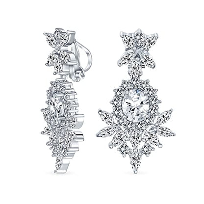 Cocktail Leaf Motif Multi Color CZ Chandelier Clip-On Earrings Silver Plate - color: Clear