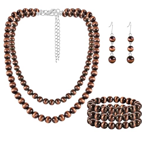 KOSMOS-LI Western Style Multi Layer Necklaces Bracelet Earrings Faux Pearl Cowgirl Beaded Women Jewelry Sets - color: bronze21090