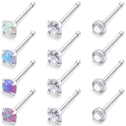 Cisyozi 18G 20G 22G Nose Rings Studs Surgical Steel Nose Stud Set 1.5mm 2mm 2.5mm 3mm Diamond Cubic Zirconia Opal Screw L Shaped Straight Nose Piercing Jewelry for Women Men - color: B:18G-Straight -2.5mm
