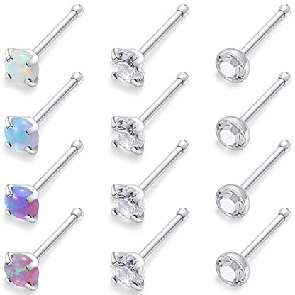 Cisyozi 18G 20G 22G Nose Rings Studs Surgical Steel Nose Stud Set 1.5mm 2mm 2.5mm 3mm Diamond Cubic Zirconia Opal Screw L Shaped Straight Nose Piercing Jewelry for Women Men - color: B:18G-Straight -2.5mm