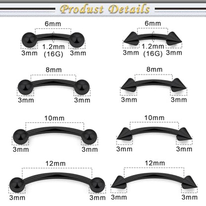 Eyebrow Piercing Jewelry Surgical Steel Vertical Labret Lip Jewelry Curved Barbell Tiny Eyebrow Ring Ear Rook Navel Small Belly Button Ring for Women Men 16g Bar Length 6mm/8mm/10mm/12mm - color: black,ball+spike