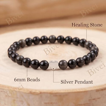 Bivei Crystal Stretch 6mm Bracelets for Women | Handmade Natural Stone Beaded Stretch Bracelet, Stainless Steel Heart Bead, Tranquility Yoga Gift Jewelry for Women - color: Obsidian - Protective