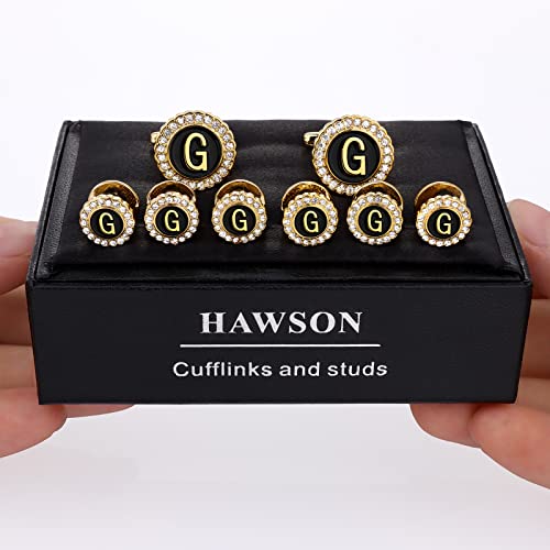 HAWSON 18K Gold Tone Initial Cufflinks for Men with Tuxedo Studs - Gift Boxed, Stylish Men's Jewelry Accessories for Weddings, Birthdays, Anniversaries, Father's Day - color: G-Cufflinks & Studs Set