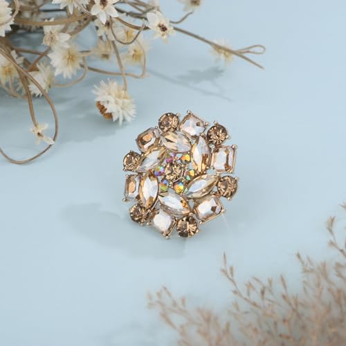 Xerling Red Rhinestone Big Flower Rings Women Crystal Cocktail Party Rings Bridal Wedding Prom Ring Aesthetic Costume Rings for Teens - color: Champagne