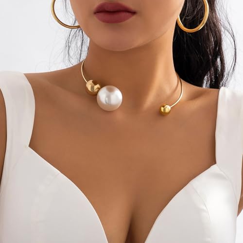 14K Gold Plated Large Pearl Open Necklace for Women | Simple Statement Pearl Open Geometric Bead Choker Necklace Modern Party Anniversary Club Jewelry Gifts - color: Gold
