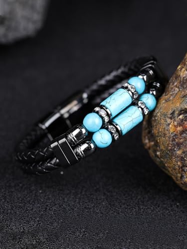Mens Leather Turquoise/Tiger Eye/Obsidian/Lava Stone Bracelet–Braided Multi‑Layer Wristband Cuff Bangle Barcelet–Jewelry Box and Pouch Packing - color: Turquoise Stone, size: 8.3in(Fits most wrists)