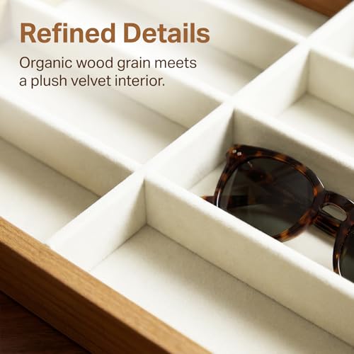 Stratalife 8 Grids Drawer Sunglasses Organizer Tray, Beige Velvet | Stackable Eyeware Storage Case with Removable Dividers, Wood Jewelry Display Case for Necklace Bracelet, 13.78x9.5x1.2 Inch - color: Beige-01