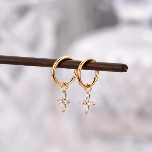 Ourania 16G Gold Stainless Steel Zircon Dangle Huggie Hoop Rook Piercing Helix Hoop Earring Tragus Hoop Cartilage Piercing for Women - color: Flower Gold 2PCS, size: 1.2*8mm 2pcs
