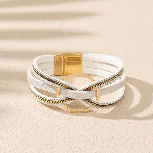 xuzhiyuan Bohemian Leather Cuff Bracelet Multi-Layer Wrap with Circle Accent Bracelet Boho Braided Bracelet Jewelry Gift for Women - color: White