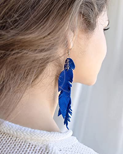 Leather Feather Earrings, Suede layered earrings, boho wedding jewelry, summer earrings, gift for her, dangle earrings - color: bright blue