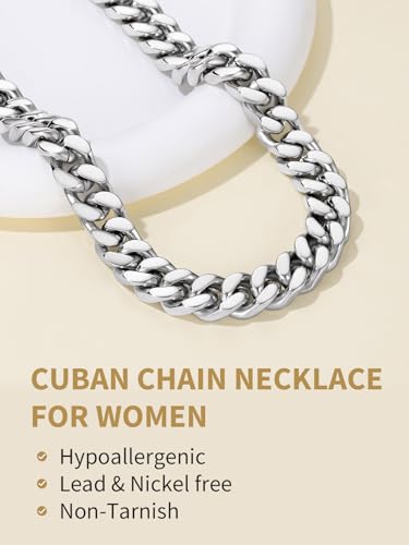 FindChic Cuban Link Chain Necklace for Women Men, Silver/Gold Plated Stainless Steel Solid Miami Curb Chain Hip Hop Punk Statement Jewelry, 5/12/14mm Width, 16/18/20 Inch Length, with Gift Box - color: 03. 12mm-Silver, size: 16inches