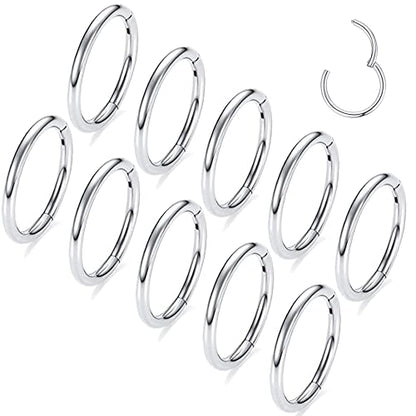 MOQIKAKA16G 18G 20G Surgical Steel Nose Septum Rings Hoops - Stainless Steel Hinged Clicker Segment Nose Rings Hoop Helix Cartilage Daith Tragus Sleeper Earrings, Ear Plugs Tunnels Gauges - color: Classic Silver 10PCS, size: 16g 6mm