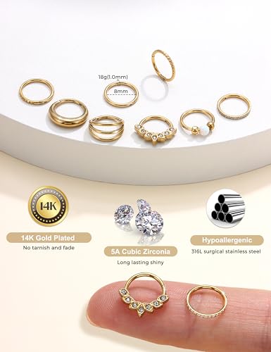 LOLIAS Septum Nose Rings Hoops - 316L Surgical Steel Septum Rings CZ Opal Silver 14K Gold Plated Hoop Nose Ring for Women 16G/18G Clicker Cartilage Earring Conch Daith Nostril Piercing Jewelry 8mm/10mm 8Pcs - color: 14K Gold, size: 18G 8MM