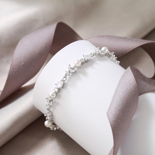 EVER FAITH Gorgeous Cubic Zirconia Pearl Wedding Link Bracelet for Bride | Marquise Teardrop Crystal Bridal Prom Jewelry, for Women Bridesmaids - style: Drop_Clear Silver-Tone