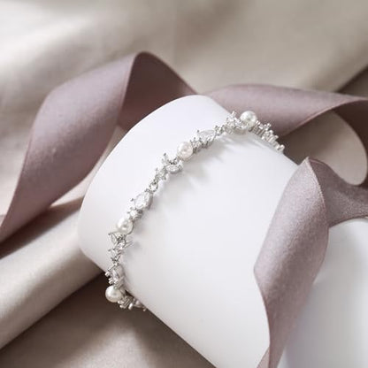 EVER FAITH Gorgeous Cubic Zirconia Pearl Wedding Link Bracelet for Bride | Marquise Teardrop Crystal Bridal Prom Jewelry, for Women Bridesmaids - style: Drop_Clear Silver-Tone