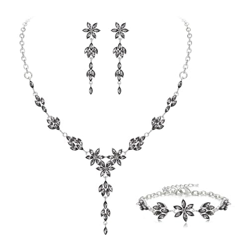 EVER FAITH Crystal Flower Wedding Prom Jewelry Set for Bride Bridesmaid | Rhinestone Costume Party Y-Shaped Necklace Dangle Earrings Bracelet, for Women - color: Grey Silver-Tone