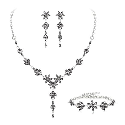 EVER FAITH Crystal Flower Wedding Prom Jewelry Set for Bride Bridesmaid | Rhinestone Costume Party Y-Shaped Necklace Dangle Earrings Bracelet, for Women - color: Grey Silver-Tone