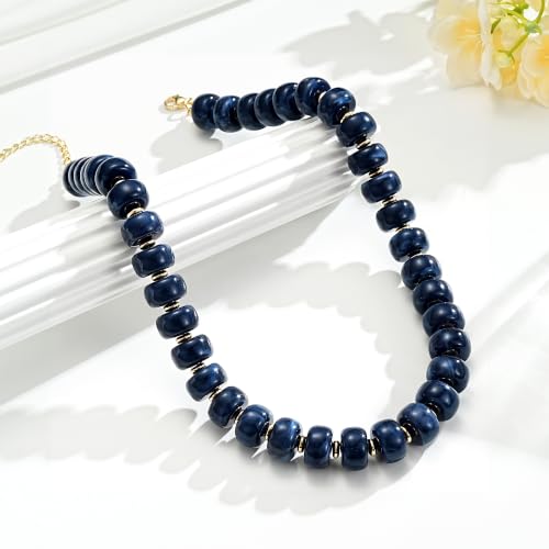 Beaded Necklaces for Women - Colorful Acrylic Beaded Chunky Necklace | Adjustable Statement Necklace, Puffy Heart Pendant, Boho Choker Necklace, Waterproof Summer Beach Jewelry, Gifts for Vacation - color: Navy Blue