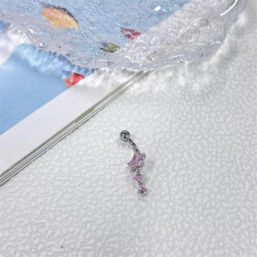 14G Floral Belly Button Ring for Women, Dangling CZ Crystal Charm Drop Belly Piercing Barbell Rings Navel Piercings Jewelry