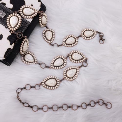Montana West Rustic Couture's Turquoise Western Concho Chain Belt for Women | Large Western Cowgirl Metal Adjustable Boho Body Chain Belt for Dresses Jeans Country Concert - color: Buttery White-g