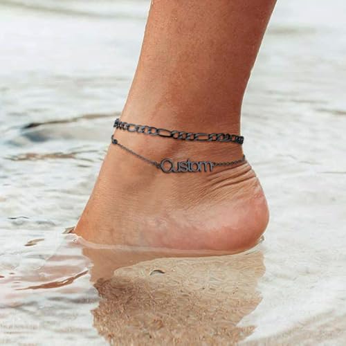 ChainsHouse Double Layer Anklet Bracelet for Women,Adjustable Chain Anklets Stackable Dainty Anklets,Stainless Steel/Gold Plated/Black Ankle Jewelry Gifts - color: C-Black-Figaro Chain