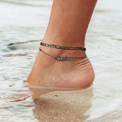 ChainsHouse Double Layer Anklet Bracelet for Women,Adjustable Chain Anklets Stackable Dainty Anklets,Stainless Steel/Gold Plated/Black Ankle Jewelry Gifts - color: C-Black-Figaro Chain