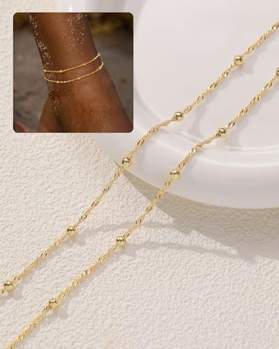 Gold Silver Ankle Bracelets for Women Waterproof 14K Gold Plated Anklets for Women Non Tarnish Dainty Layered Beaded Heart Anklet Set Summer Beach Foot Chain Jewelry Gifts Trendy Stuff - color: D- Ankle Bracelets- Gold