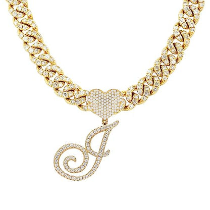 Initial Necklaces Silver Cuban Link Chain for Women Iced Out Chain with Heart Letter Pendants Custom Chain Name Necklace Hip Hop Jewelry Gift - color: J Gold