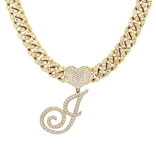Initial Necklaces Silver Cuban Link Chain for Women Iced Out Chain with Heart Letter Pendants Custom Chain Name Necklace Hip Hop Jewelry Gift - color: J Gold