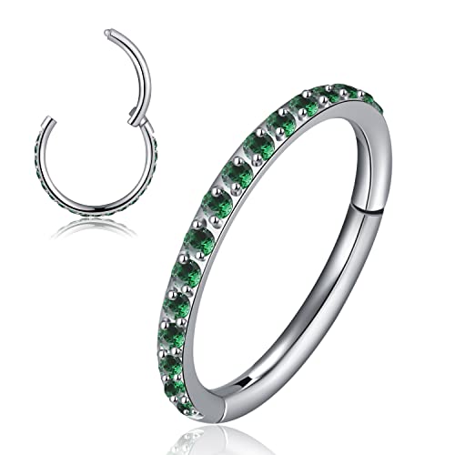MissNity 20G, 18G, 16G, 14G Hinged Nose Rings Hoop with Gem in 316L Surgical Steel, Septum Clicker Cartilage Earrings Conch Daith Helix Rook Ear Lobe Piercing Jewelry, Diameter 6mm to 12mm - color: 10: Steel - Green CZ