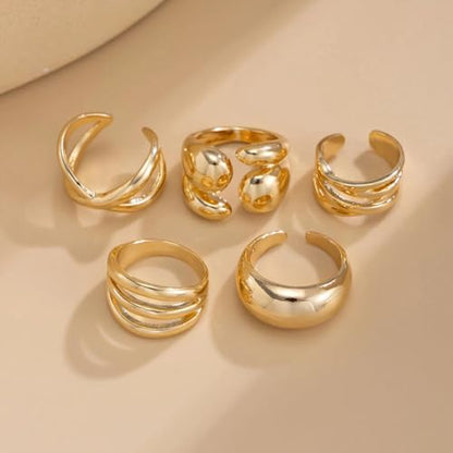 Gold Plated Geometric Chunky Water Drop Ring Set for Women,Open Adjustable Twisted Stacked Knuckle Finger Ring Set Punk Party Jewelry Accessories Gift - color: Gold