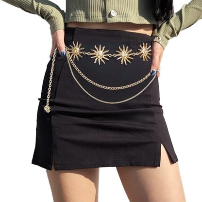 Waist Chain Belt Multilayer Gold Silver Sun Moon Chain Belt for Women Dress Body Belly Chain Metal Waist Chain - color: Gold-53inch