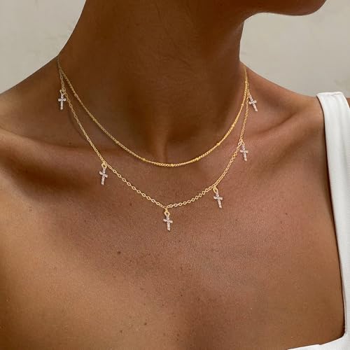 Layered Necklaces For Women,Dainty Gold Plated Necklace Stack Prom Layering Necklaces For Women Trendy Chain Cross Choker Necklace Set Fashion Accessories - color: cross+satellite