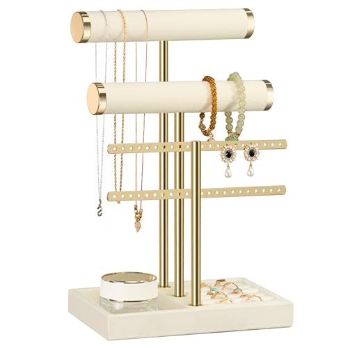 Jewelry Organizer Stand for Necklaces, Bracelets, Earrings, Rings, Beige | 3 Tier Velvet Bracelet Holder Display | Jewelry Organizers and Storage | Jewelry Tree | Jewelry Towers - color: Beige, size: Standard