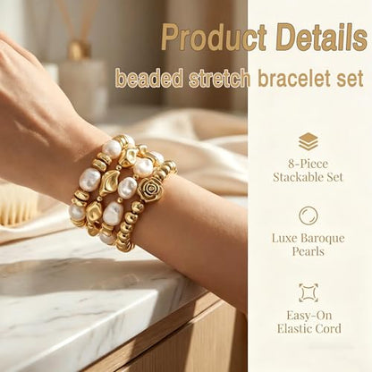 BROCC 8PCS Gold Beaded Bracelets for Women Simulated Pearl Beaded Bracelets | Simulated Pearl Beaded,Lightweight Feel,Durable Elastic Cord Design,Comfortable Fit for Most Wrists,Stylish and Versatile