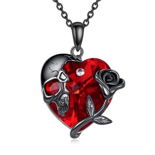 Gothic Necklace 18K Black Gold Plated Black Rose Rib Cage Heart Crystal Pendant Necklace Goth Skull Skeleton Jewelry Gifts for Women Halloween Gothic Party - color: Skull