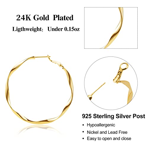 24K Gold Hoop Earrings for Women Trendy Real Gold Plated Twisted Thin Huggie Hoops, Dainty Cute Big Gold Filled Dangle Hoop Earrings Nickel Free Womens Earrings for Sensitive Ears Hypoallergenic - style: Gold 50mm