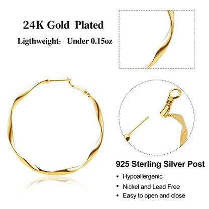 24K Gold Hoop Earrings for Women Trendy Real Gold Plated Twisted Thin Huggie Hoops, Dainty Cute Big Gold Filled Dangle Hoop Earrings Nickel Free Womens Earrings for Sensitive Ears Hypoallergenic - style: Gold 50mm