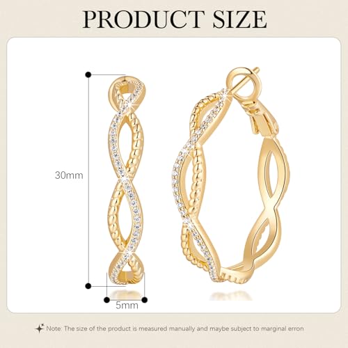 Gold Hoop Earrings for Women 14K Gold Earrings for Women | Twist CZ Gold Hoop Earrings 14K Gold Hoop Earrings Hypoallergenic Lightweight Gold Hoop Earrings for Women 20/25/30/40/50mm - size: 30MM