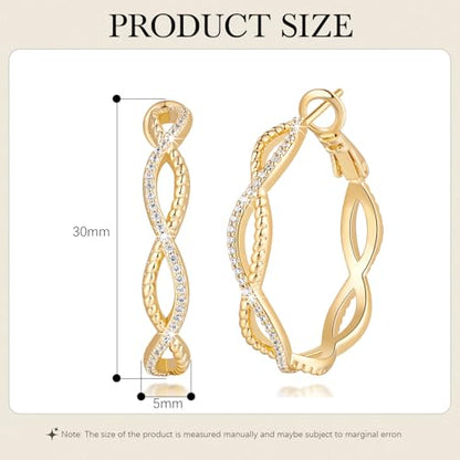 Gold Hoop Earrings for Women 14K Gold Earrings for Women | Twist CZ Gold Hoop Earrings 14K Gold Hoop Earrings Hypoallergenic Lightweight Gold Hoop Earrings for Women 20/25/30/40/50mm - size: 30MM