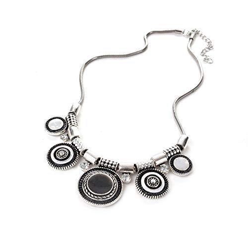 Bethynas Boho Ethnic Round Charm Pendant Choker Necklace Retro Silver-Toned Hippie Chunky Neck Chain Tribal Pattern Statement Accessories for Women