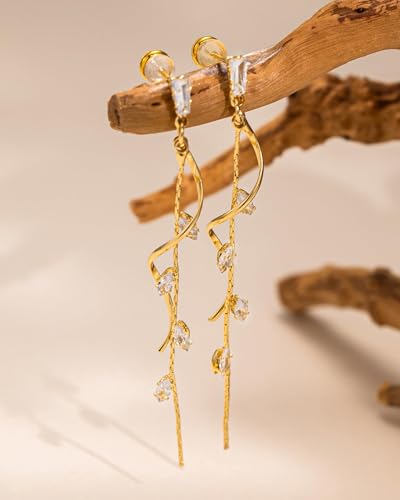 Dangle Earrings for Women - 14K Gold/White Gold/Rose Gold Plated Butterfly Heart Star Hoop Chain Long Tassel Cubic Zirconia CZ Dangle Earrings - color: CZ Twist