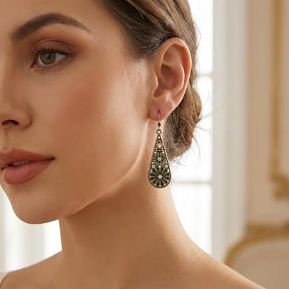 Bohemian Crystal Teardrop Pendant Earring, Vintage Olive Green Hollow Out Flower Floral Dangle Earrings Tribal Geometric Design Handmade Ethnic Statement Jewelry Gift for Women