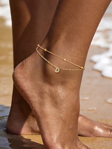 Richsteel Initial Ankle Bracelets for Women Waterproof, 14K Gold Plated/Silver Stainless Steel Anklets, Dainty Adjustable Layered Anklets with Bubble Letter, Non Tarnish Summer Beach Jewelry with Gift Box - color: D-Gold-Plated