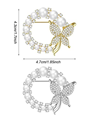 2 Pcs Butterfly Pearl Brooch Pin Wreath Pin Safety Pin Wedding Bridal Brooches Women Crystal Rhinestones Brooch Collar Lapel Pin Badge for Dress Shirts Coat - Gold Silver