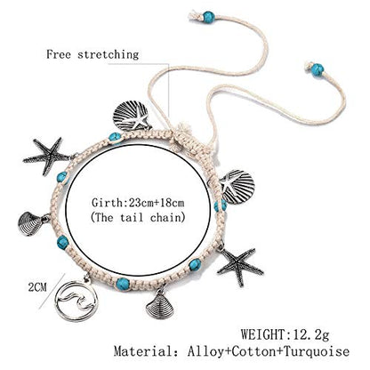 Softones Blue Starfish Turtle Anklet Multilayer Charm Beads Sea Handmade Boho Anklet Foot Jewelry for Women - style: D:2pcs Star Wave