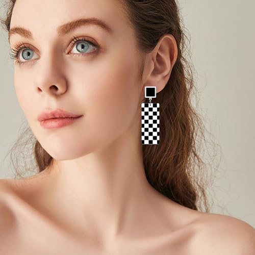 KaFu Checkerboard Earrings for Women 70s 80s Retro Acrylic Black White Striped Checkered Geometric Dangle Earrings Resin Rectangle Earrings Statement Jewelry - color: style-1